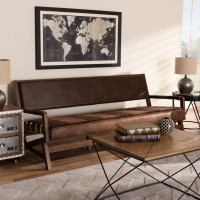 Baxton Studio Rovelyn-Dark Brown/Walnut-SF Rovelyn Rustic Brown Faux Leather Upholstered Walnut Finished Wood Sofa